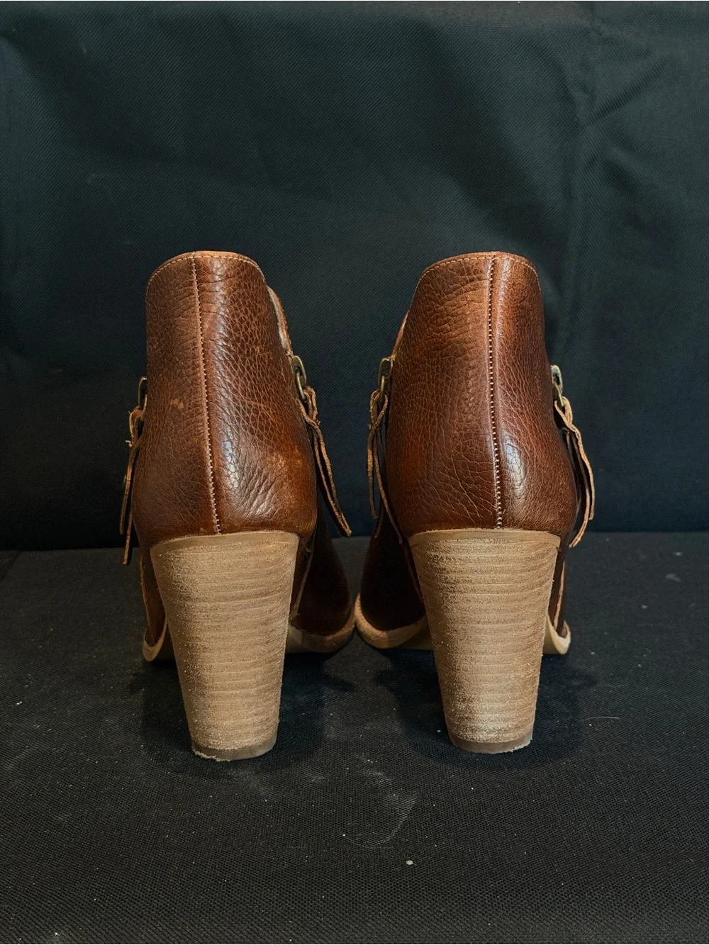 MIA Brown Leather Peep-Toe Block Heel Booties with Tassel Zip
